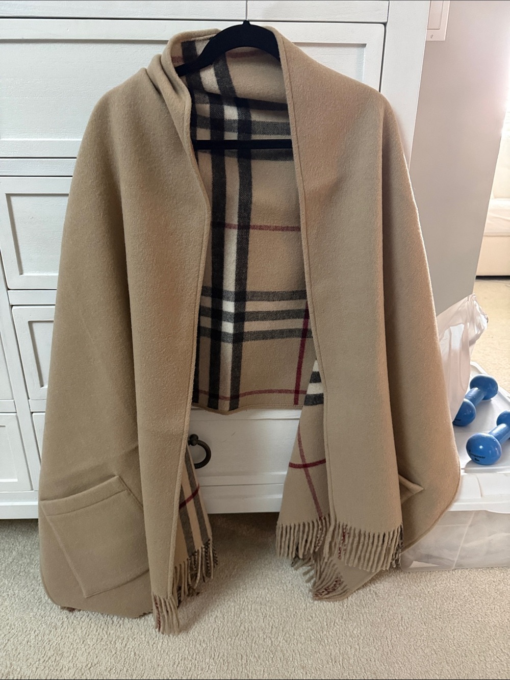 Burberry Reversible Camel Plaid-Trim Shawl Cape